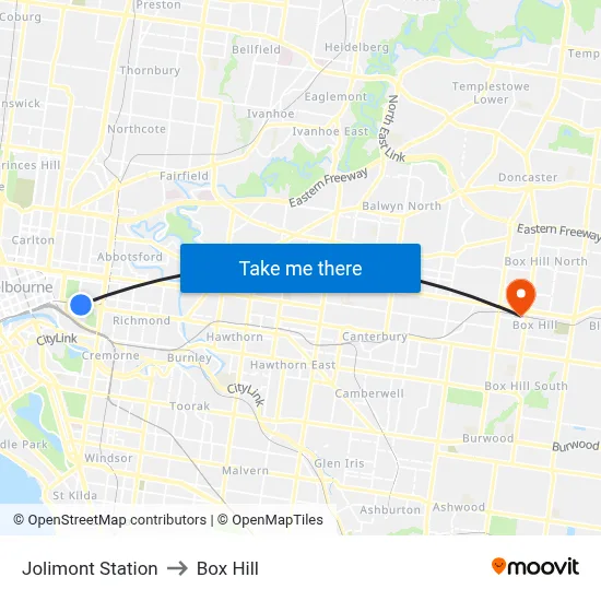 Jolimont Station to Box Hill map