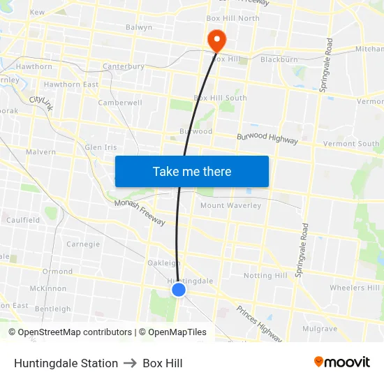 Huntingdale Station to Box Hill map