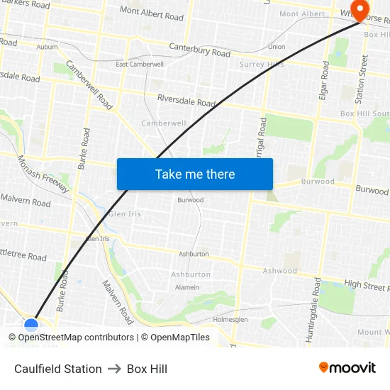 Caulfield Station to Box Hill map