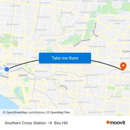 Southern Cross Station to Box Hill map