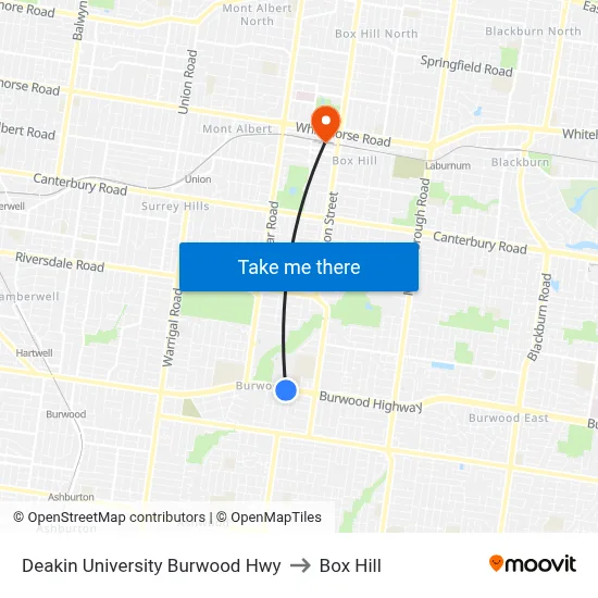 Deakin University Burwood Hwy to Box Hill map