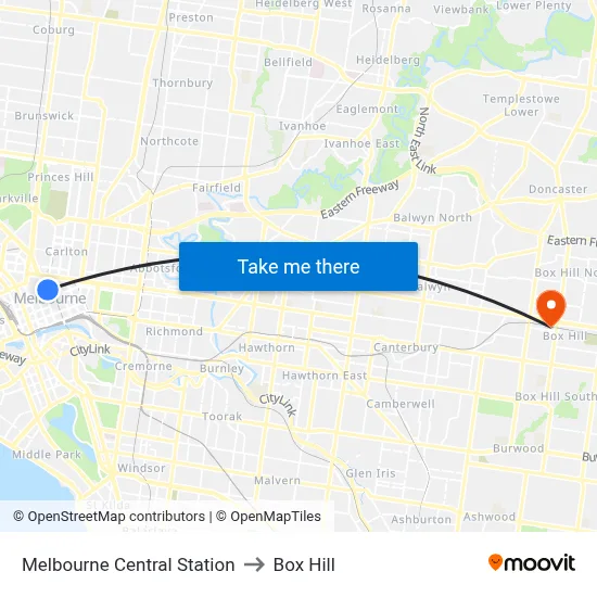 Melbourne Central Station to Box Hill map