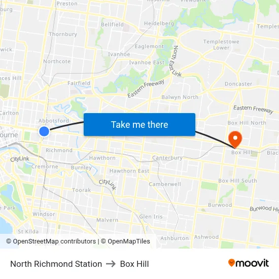 North Richmond Station to Box Hill map