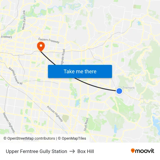 Upper Ferntree Gully Station to Box Hill map