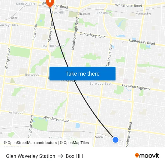 Glen Waverley Station to Box Hill map