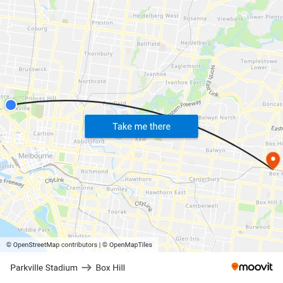Parkville Stadium to Box Hill map