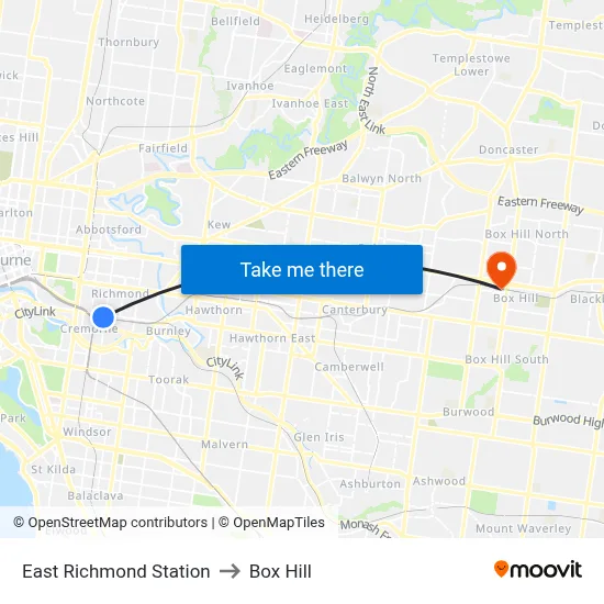 East Richmond Station to Box Hill map