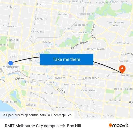 RMIT Melbourne City campus to Box Hill map