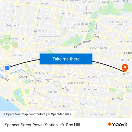 Spencer Street Power Station to Box Hill map