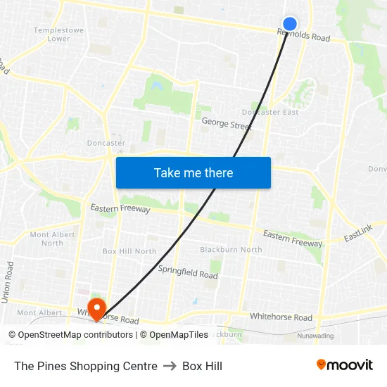 The Pines Shopping Centre to Box Hill map