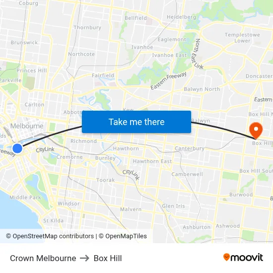 Crown Melbourne to Box Hill map