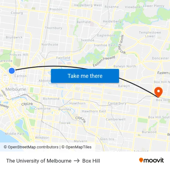 The University of Melbourne to Box Hill map