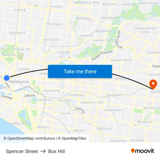Spencer Street to Box Hill map