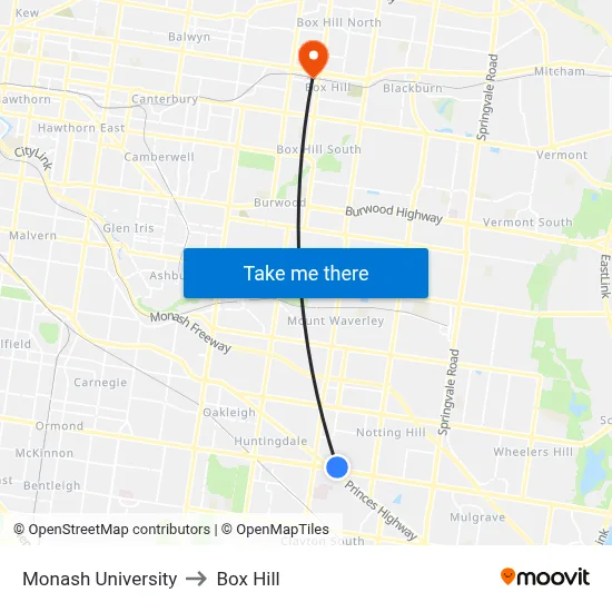 Monash University to Box Hill map
