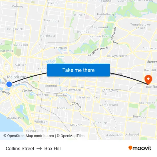 Collins Street to Box Hill map