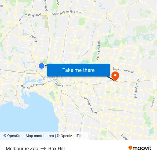 Melbourne Zoo to Box Hill map