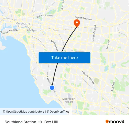 Southland Station to Box Hill map