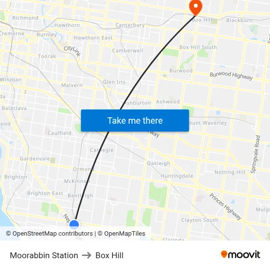 Moorabbin Station to Box Hill map