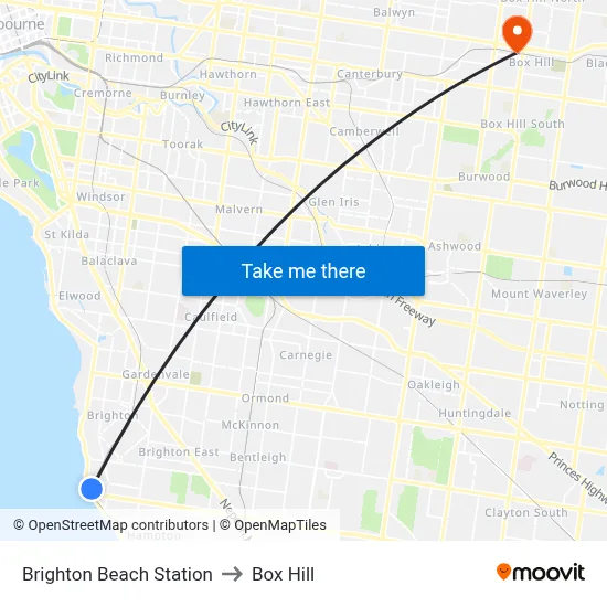 Brighton Beach Station to Box Hill map