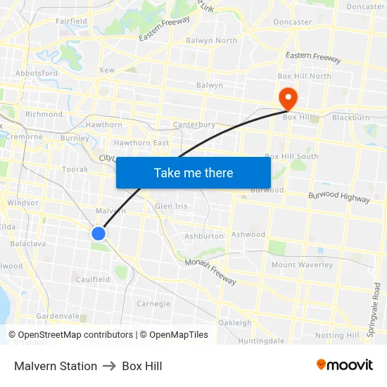 Malvern Station to Box Hill map