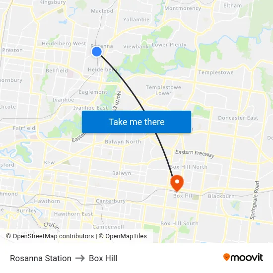 Rosanna Station to Box Hill map