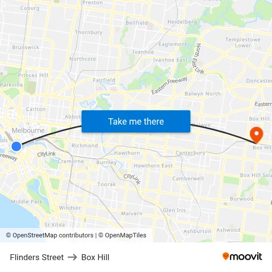 Flinders Street to Box Hill map