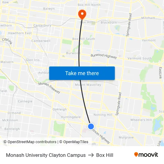 Monash University Clayton Campus to Box Hill map