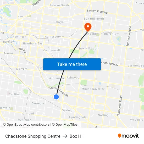 Chadstone Shopping Centre to Box Hill map