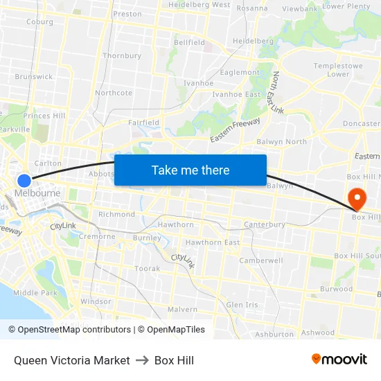 Queen Victoria Market to Box Hill map