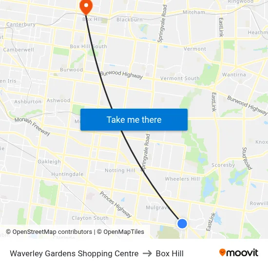 Waverley Gardens Shopping Centre to Box Hill map