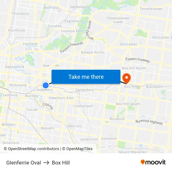 Glenferrie Oval to Box Hill map