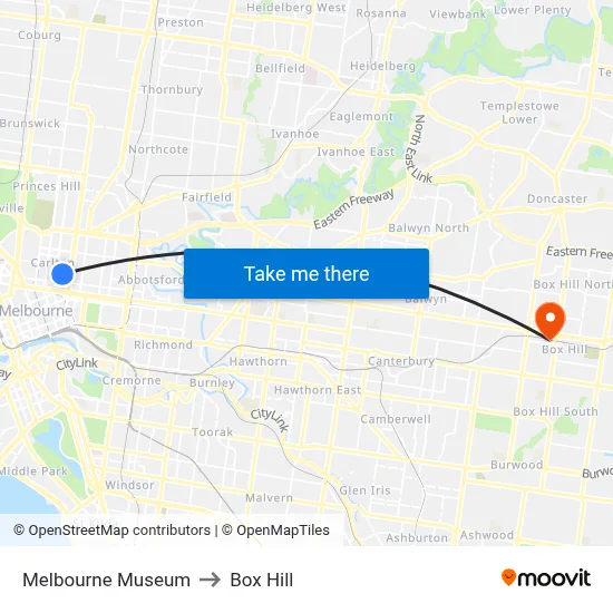 Melbourne Museum to Box Hill map