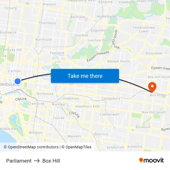 Parliament to Box Hill map