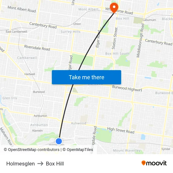 Holmesglen to Box Hill map