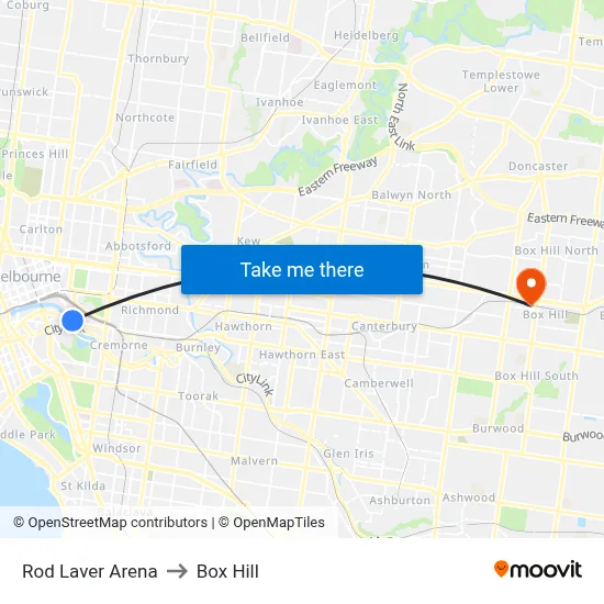 Rod Laver Arena to Box Hill map