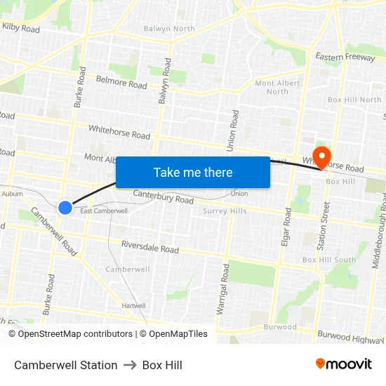 Camberwell Station to Box Hill map