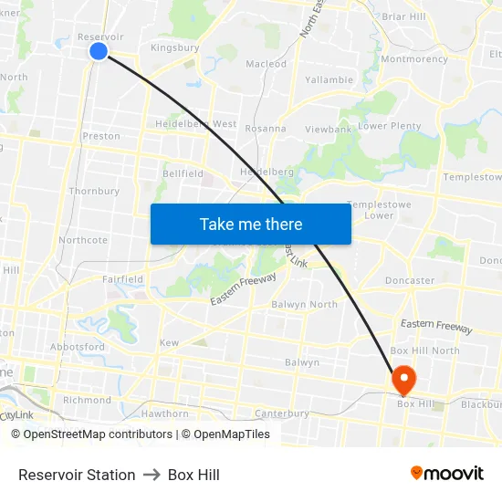 Reservoir Station to Box Hill map