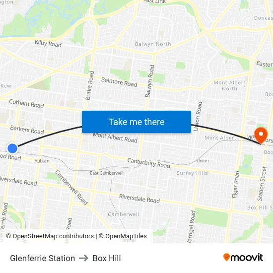 Glenferrie Station to Box Hill map