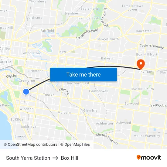 South Yarra Station to Box Hill map
