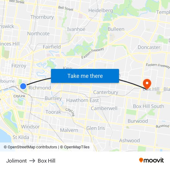 Jolimont to Box Hill map