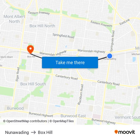 Nunawading to Box Hill map