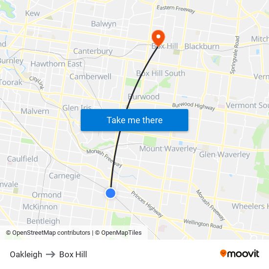 Oakleigh to Box Hill map