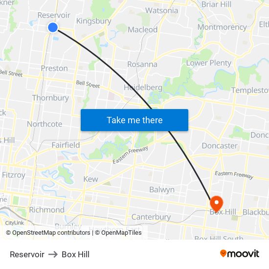 Reservoir to Box Hill map