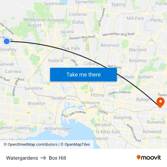 Watergardens to Box Hill map