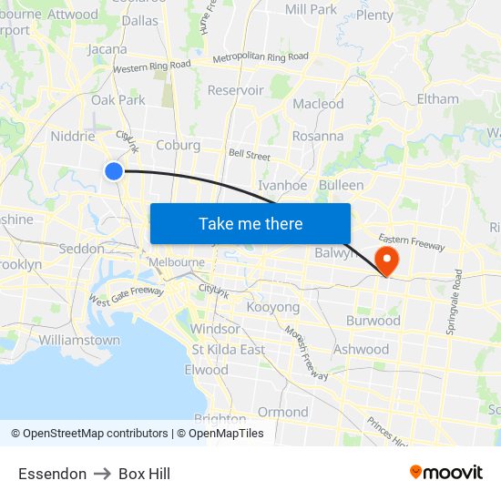 Essendon to Box Hill map