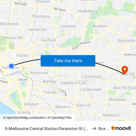8-Melbourne Central Station/Swanston St (Melbourne City) to Box Hill map