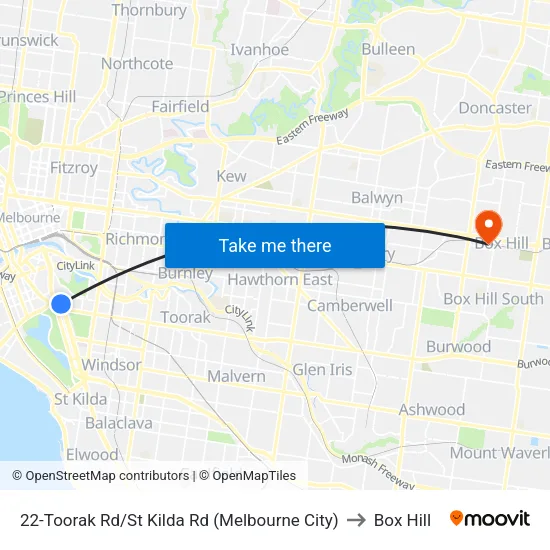 Toorak Rd/St Kilda Rd #22 to Box Hill map