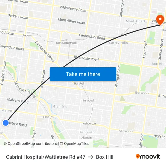 Cabrini Hospital/Wattletree Rd #47 to Box Hill map