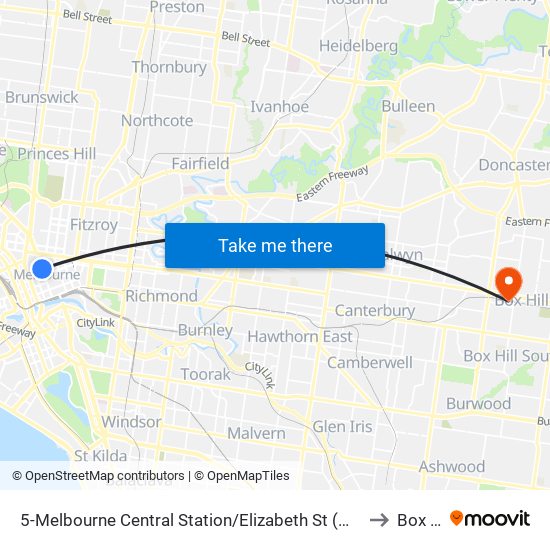 5-Melbourne Central Station/Elizabeth St (Melbourne City) to Box Hill map