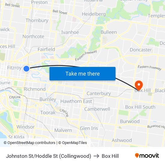 Johnston St/Hoddle St (Collingwood) to Box Hill map